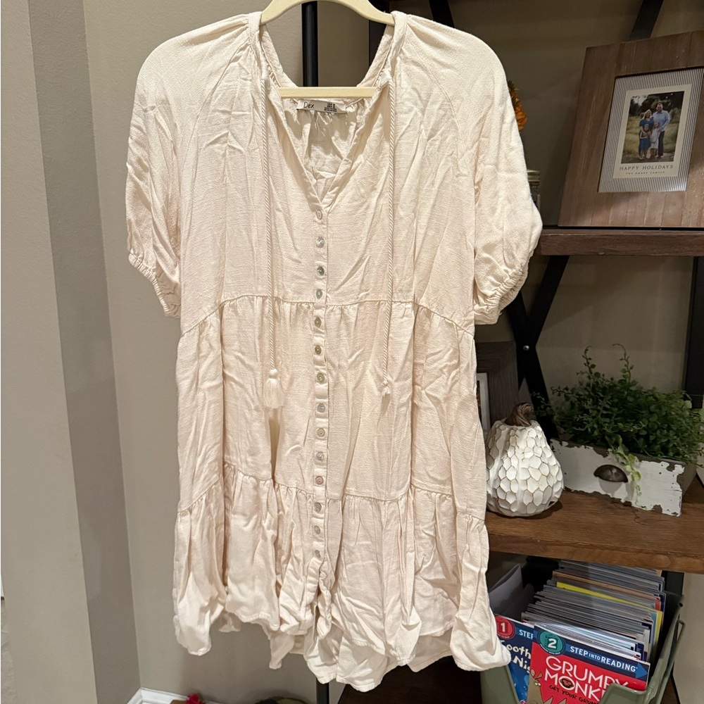 Dex Cream Button-Down Peasant Dress